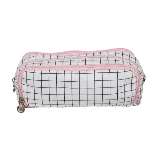 Pencil case 3 compartments with zipper, checkered white/black 26 cm