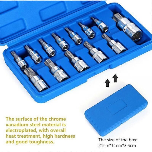 13 stk. Torx Pipesett, T8 - T70 Pipebitssett, Hunn-Torxpiper, Torx Bit Pipesett, Krom Vanadium Stål 1/4\", 3/8\" og 1/2\" Feste