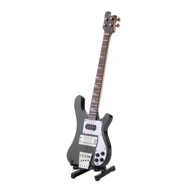 Miniature sort basguitar replika med stativ og etui - perfekt gave til musikelskere