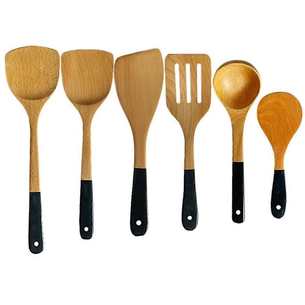 6 stk. stekespadsett med bøkfarget håndtak, non-stick stekespade, stekespade, tresleiv W