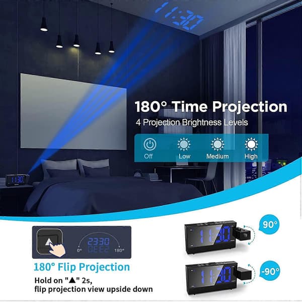 Projektionsväckarklocka för sovrum - USB-laddningsportar - Rotationsbar projektor - Klar LED-display