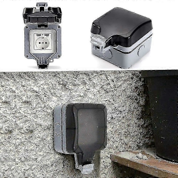 Dubbelt utomhusuttag med USB, vattentätt, kraftigt, eluttag med väggbox (enkelt) - KC
