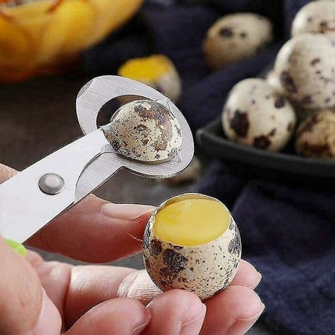 Vaktel-eggesaks i rustfritt stål, sett med 2 dueeggåpnere, grønn + gul