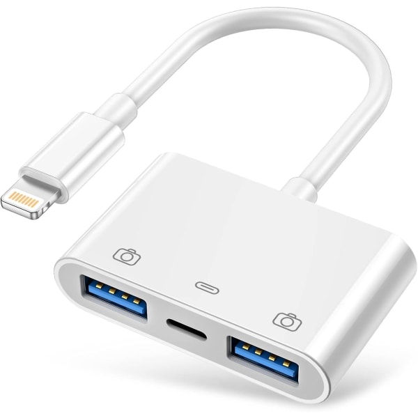 Lightning til USB 3.0 Adapter, USB 3.0 Kameraadapter Kompatibel med iPhone iPad, iPhone USB Adapter med 2 USB 3.0 og 1 Opladningsport, Ingen Applikation