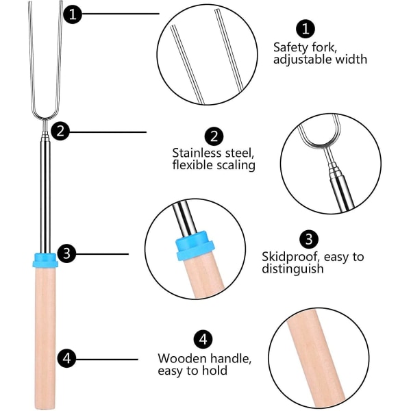 8-pakke Grillgafler, Marshmallow-stekepinner Utvidbare Rustfritt Stål Pølsegaffel med Trehåndtak