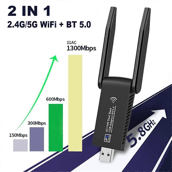 1300Mbps USB WiFi Adapter USB 3.0 Bluetooth 5.0 Dongle 2.4G&5GHz Dual Band WiFi 5 Nettverk Trådløs WLAN Mottaker