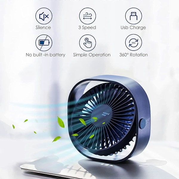 USB-tuuletin Mini Kannettava Tuuletin Hiljainen Tuuletin Pöytätuuletin 3 Nopeutta Säädettävä USB-virtalähde (Sininen)