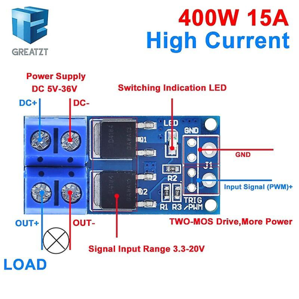 15A 400W MOSFET-laukaisukytkimen ohjauskortti PWM-säätimellä