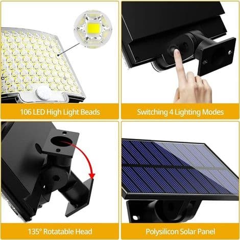 106 LED Solcellslampa, 4 lägen, IP65, 5M, Rörelsesensor - 1-pack