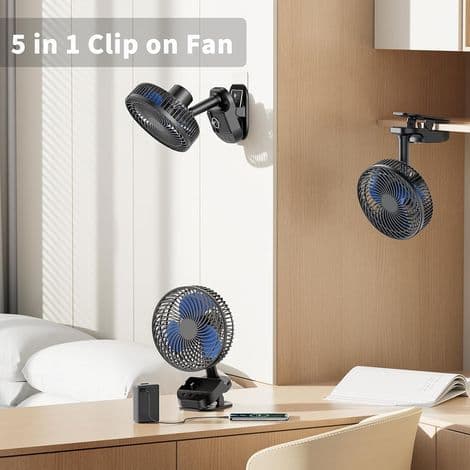 ATEngeus USB Clip Fan, 10000 mAh Genopladelig Batteri Ventilator, 5 Hastigheder, Camping Ventilator, Multi-Vinkel Rotation, Timer, med Klips og Krog til Barnevogn,