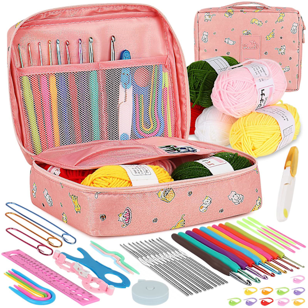 Virka Kit för Nybörjare Vuxna, Stickningsstartpaket för Vuxna, Inkluderar 0,6-6,0 mm Metallvirknålar, Ull, Väska och Sticktillbehör