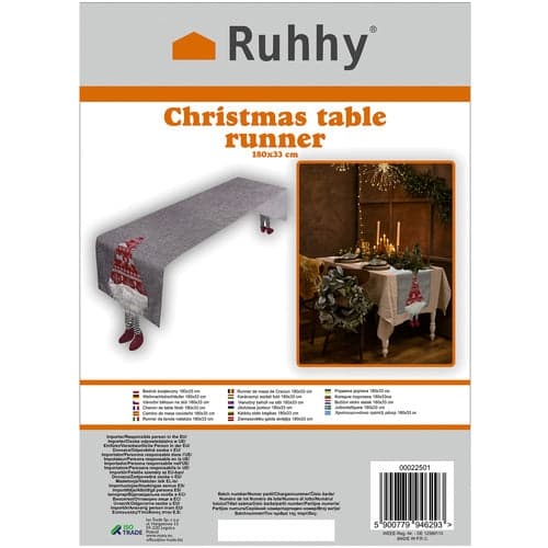 Christmas Table Runner 180x33 cm Polyester Grey with Gnomes Red/White