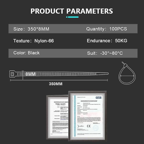 100-pack långa buntband - 350 mm X 8 mm - UV-beständig - 50 kg draghållfasthet - Svart