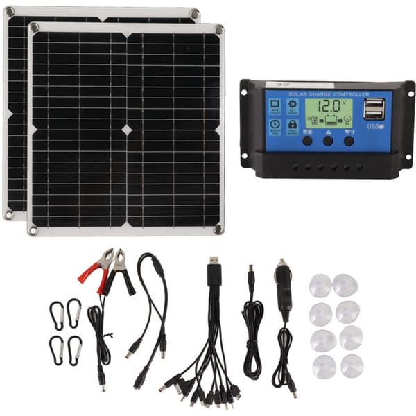 50W, 60A Solcellepanelsett, Solcelleladerkontroller, med 2 USB-utganger, for Bobiler og Strømbrudd