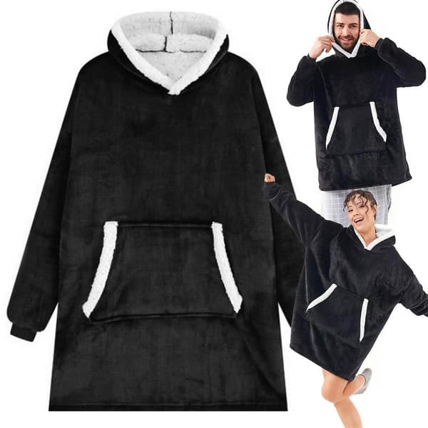 Snuggie Hettegenser Teppe Oversize Fleecetrøye Svart