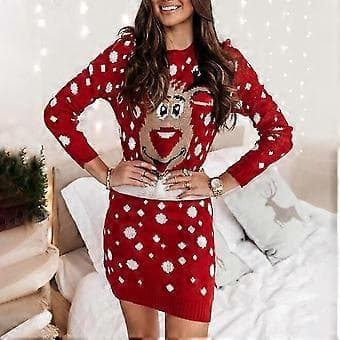 Jule-elg sweaterkjole til kvinder, minikjoler, afslappede jule striktrøjer, toppe 1 stk. (M)