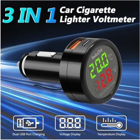 3 i 1 12V Bilvoltmeter, Cigarettænder med Digital Temperatur-/Spændingsdisplay -