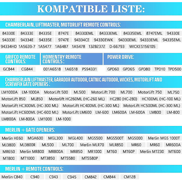 2 Pakkaus Vaihto Käsikäyttöinen Chamberlain Liftmaster Motorlift Garageavun Lähetin 94335E | 84335E | ML700 | ML500 | ML850 | Merlin + C945 | C840 Se