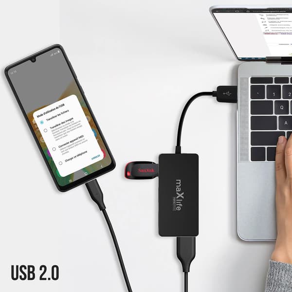USB Hub med 4 Porte, Hun USB Adapter, 1.5m Maxlife Forlængerkabel, Sort