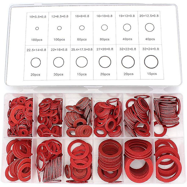 Fiberbrickor sortiment, 600 st röda stålpappersfiberbrickor kit med olika isoleringsbrickor, Seuais