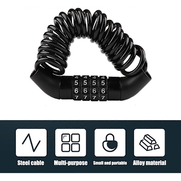 Cadenas de Vlo Cble Antivol -lukko 4-numeroisella älykkäällä koodilla ja pyörätelineellä, pituus 150cm pyörälle/skootterille/pyöräportille/kypärälle, musta
