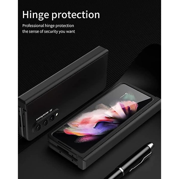 Galaxy Z Fold 3- case, gångjärn Heavy Duty Protection Hårt PC- cover med skärmskydd, Fullständigt skydd (svart)