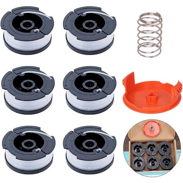 6 stk Svarte + Decker Reserve Spole for Gressklipper Nylon for Kantklipper Spole Tråd Trimmer Med Spoledeksler Og Fjærer P
