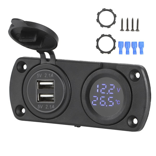 Temperature Voltmeter Charger Car Dual USB 12V Power Socket Cigarette Lighter Socket Blue