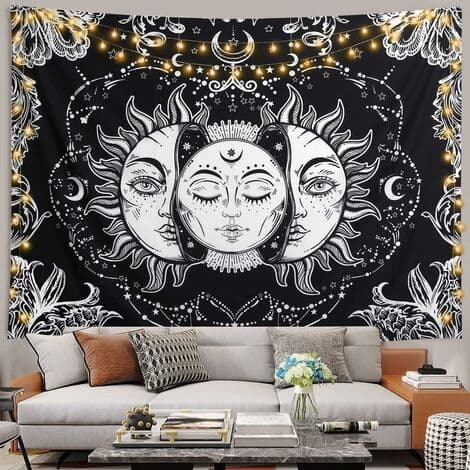 Psykedelisk gobelin sol og måne sort og hvid gobelin soveværelse studieindretning (sort, 130 x 150 cm)