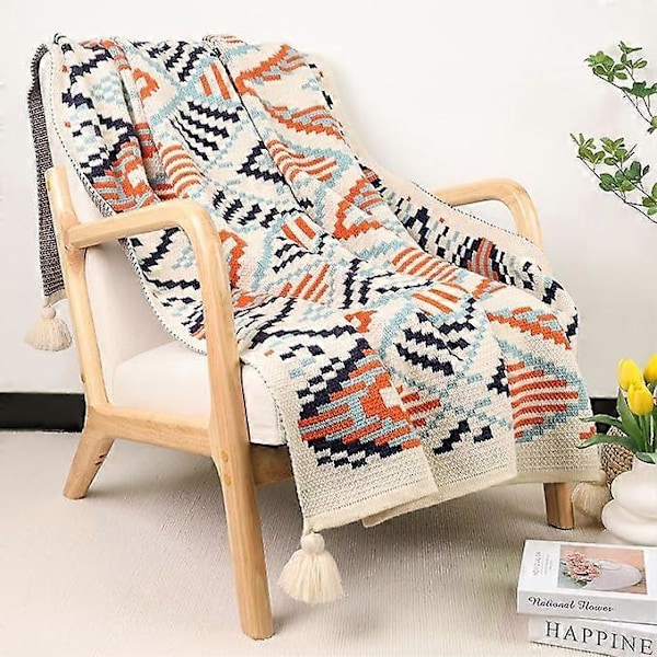 130*170cm Boho Plaider, Bondegårdsindretningstæppe med dekorative kvaster Blød, holdbar strikket plaid til brug hele sæsonen - Perfekt til Livin