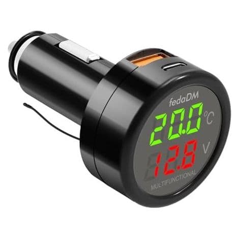 3 i 1 12V Bilvoltmeter, Cigarettænder med Digital Temperatur-/Spændingsdisplay -