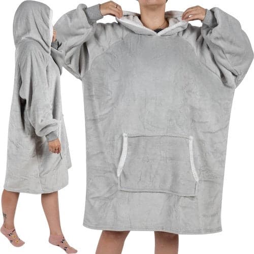 Oversize hettegenserteppe med hette og lomme, flanell, grå XXL