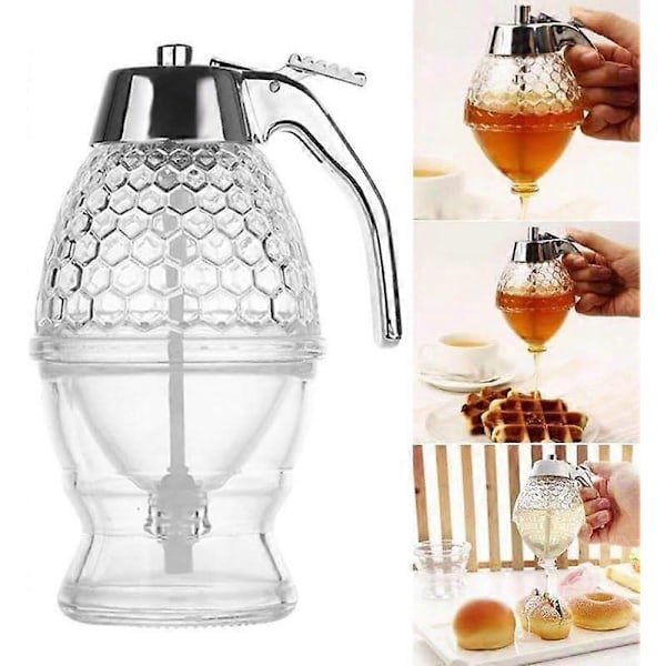 Honey Dispenser with Stand, Anti-Drip Honey Jar - Maple Syrup Dispenser, Push-On Honey Jar, Creative Anti-Leak Transparent Spout Jar Dispenser, Conven