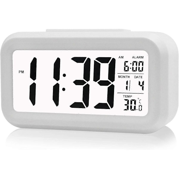 LED Väckarklocka Digital Snooze Sensor Ljusaktiverad Bakgrundsbelysning Datum Temperaturvisning (Vit)