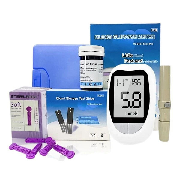 Hemoglobinmätare Hemoglobin Testare Hemoglobin Testkit Glucometer för att Mäta Blodsocker, 50 Testremsor + 50x Nålar