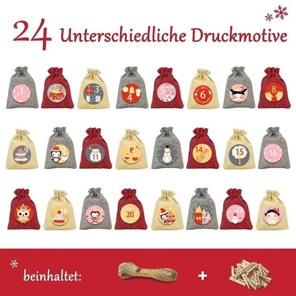 Julegavepose i Burlap med Adventskalender 1-24 Kludpose Julegaver