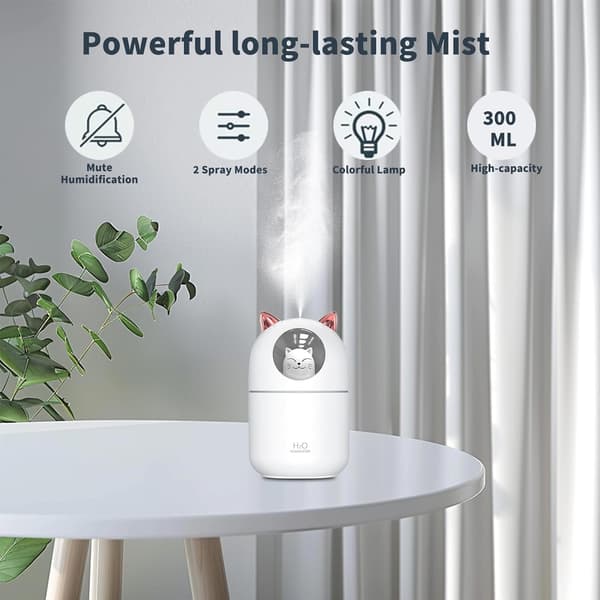 Luftfugter, Luftfugter, 300 ml Sød Kat Luftfugter, Mini USB Cool Mist Luftfugter med 2 Spraytilstande og Natlys