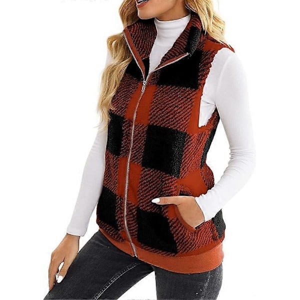 (M) Dame Mode Plaid Fleece Vest Afslappet Fuzzy Ærmeløs Fuzzy Sherpa Vest Fluffy Lynlås Jakke Varmt Overtøj