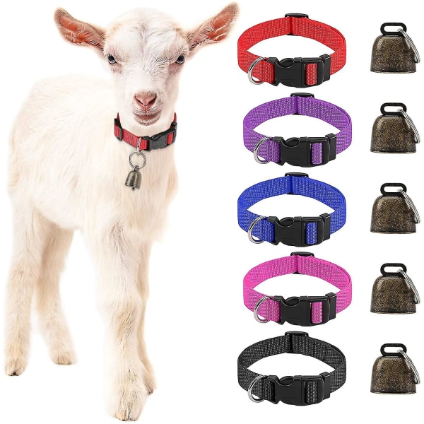 5-pack gethalsband med klockor, ko Hästfår som betar kopparklockor och justerbart nylon för husdjur Anti-förlorad hög bronsklocka för småbruksani