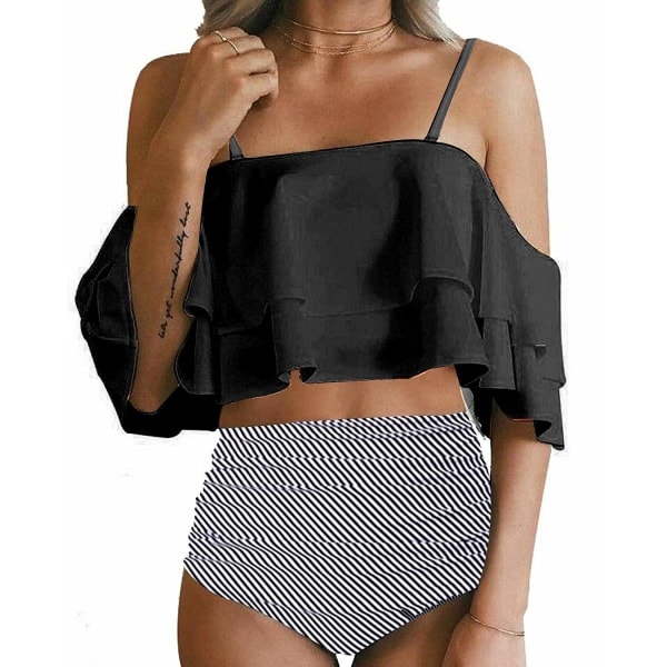 Kvinners todelt off-shoulder volang crop bikinitopp