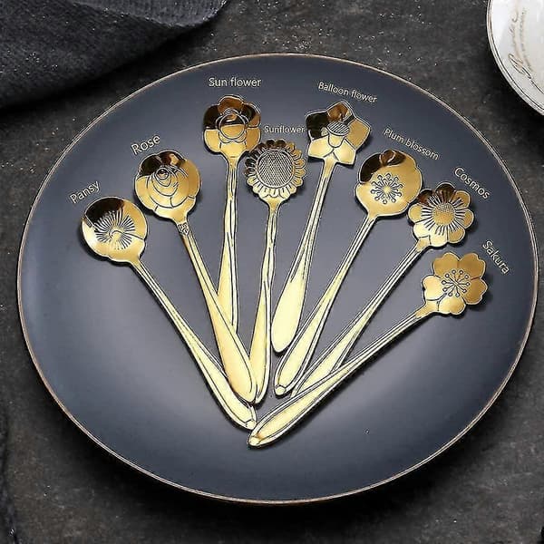 8 stk. Blomsterske Sæt, Rustfrit Stål Ske, (længde: 4,9 tommer, Guld) T