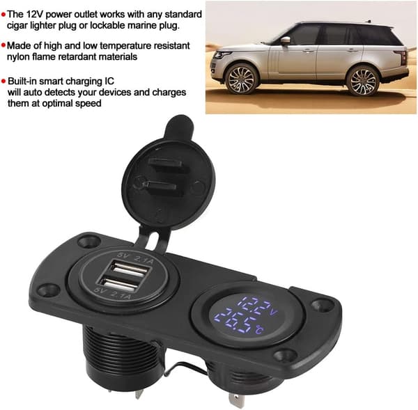 Bilopladerpanel Stik Temperatur Voltmeter Dobbelt Strømstik Oplader 12V USB Cigarettænderstik med LED Digital Voltmeter til Biler, Båd