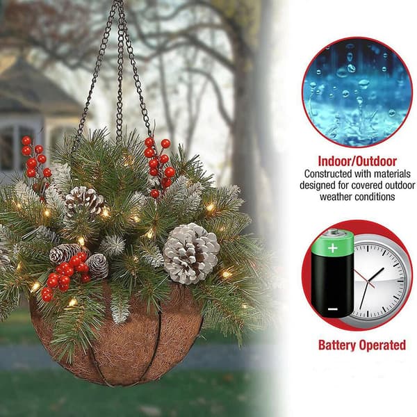 Forhåndsbelyst kunstig juleblomsterkurv med LED-lys, julepynt til hjemmet