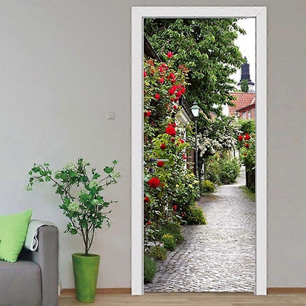 Dörrdekaler Landskap med Röda Blommor och Gröna Växter Gränd 3D Avtagbar Självhäftande Vinyl Vattentät Dörrtapet för Barnrum Badrum Kök Vardagsrum
