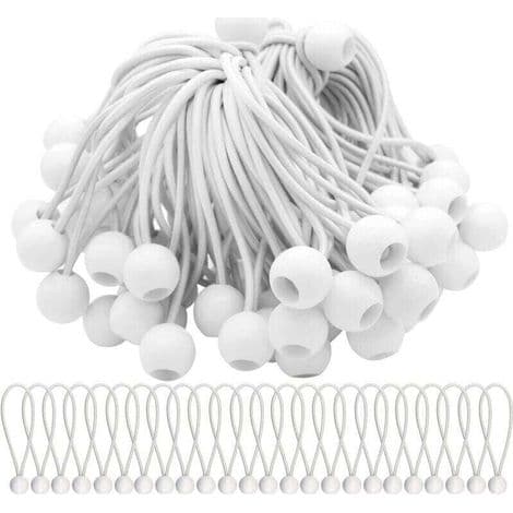 Förpackning med 50 elastiska spännare, elastiska snören med kulor, gummiband, elastiska kulor för markiser, tält, banderoller och presenningar.