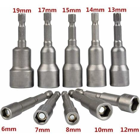 10 Stk. Magnetisk Topnøgle til Slagnøgle: Magnetisk Bit til Slagnøgle 6-19mm 1/4\" Sekskantet Topnøgleadapter