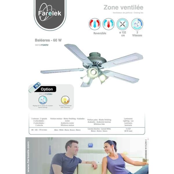 FARELEK - BALEARES Ø 132 cm - Vendbar loftventilator, 5 hvide / hvide rørblade + belysning