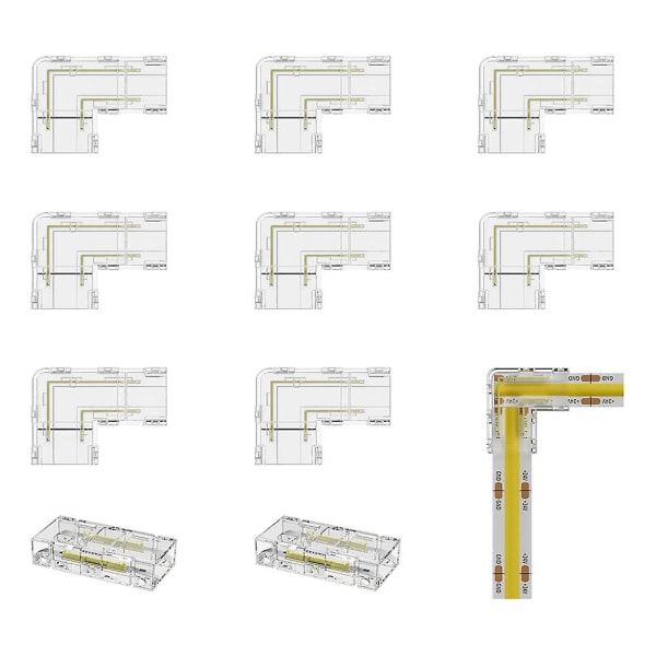 8 mm COB-liitäntä 8 kpl L-muotoinen/kulmaliitäntä, 2 kpl saumattomat liittimet COB LED-nauhavaloille, EI 10 mm nauhavaloille