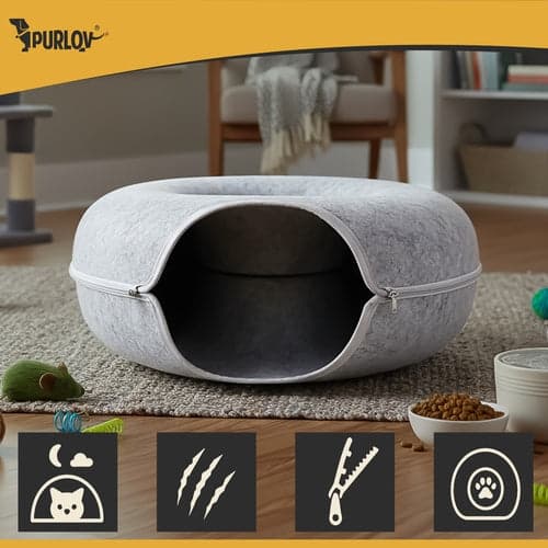 Rund kattseng smultringtunnel i ullfilt 51x20 cm grå