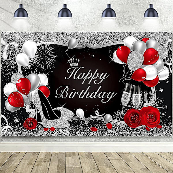 Sølv og svart Happy Birthday Bakgrunn Happy Birthday Banner Rød Stor Sekvens Høy Hæl Champagne Rose Ballonger Bakgrunn for Kvinner Menn Fest Deco